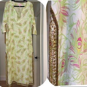 Lilly Pulitzer Beaded Caftan Tunic Peacock Print Maxi Dress Sz Large Beachy